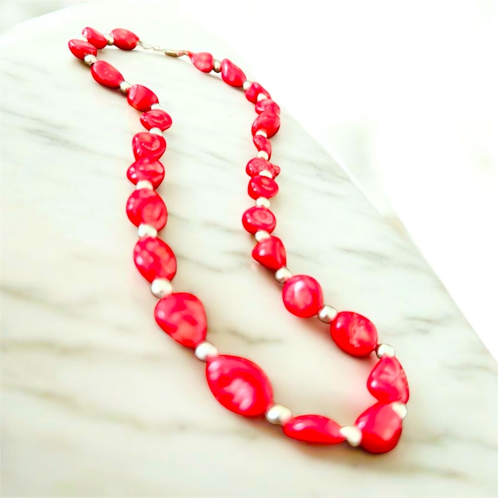 Vintage Textured Red Coral  Colored Glass Beaded Necklace w/ Silver Detail, 18”